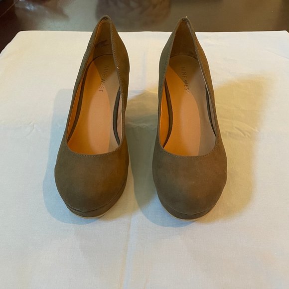 Nine West Wedge High Heel Square Heel Dress Shoes Olive Green Brown - Picture 2 of 3